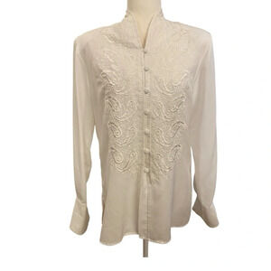 Tess Vintage White Embroidered Long Sleeve Blouse Size Small Button Down 1980s